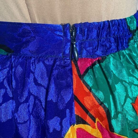 Vintage 90s Skirt Pleated Blue Green Reflective Abstract Leaf Print Midi Spring - Picture 7 of 9